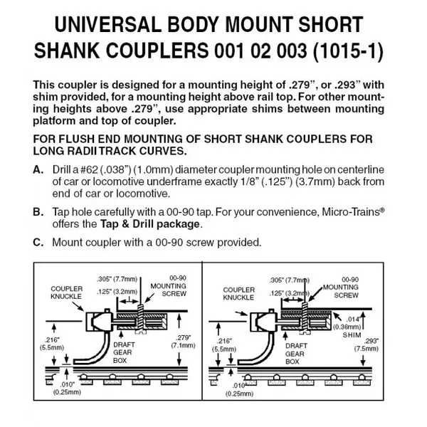 00102003 – Body Mount Short Shank Couplers – 2 pair (N Scale)