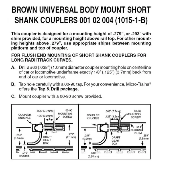 00102004 – Body Mount Universal Short Shank Couplers – Brown – 2 pair (N Scale)