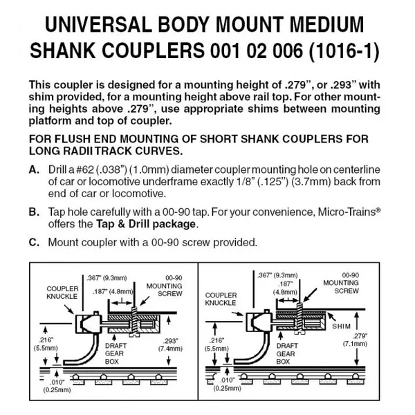 00102006 – Body Mount Universal Medium Shank Couplers – 2 pair (N Scale)