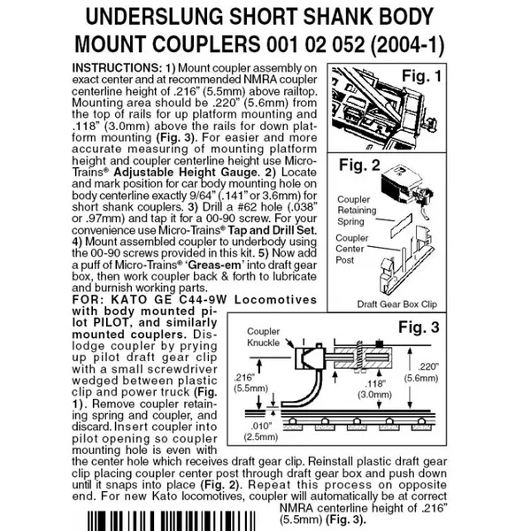00102052 – Underslung Short Shank Body Mount Couplers – 2 pair (N Scale)