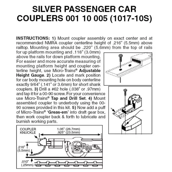 00110005 – Passenger Car Couplers – Silver – 10 pair (N Scale)