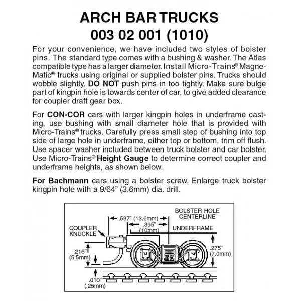 00302001 – Arch Bar Bogies with Short Extension Coupler – 1 pair (N Scale)