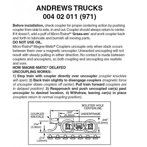 00302011 – Andrews Bogies with Short Extension Coupler – 1 pair (N Scale)
