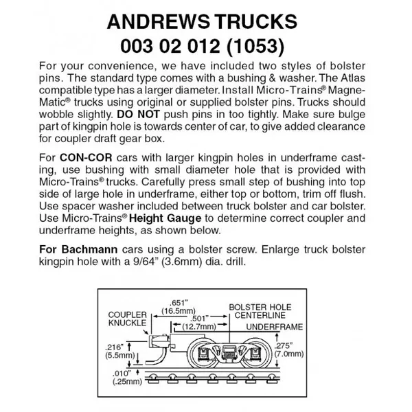 00302012 – Andrews Bogies with Medium Extension Coupler – 1 pair (N Scale)