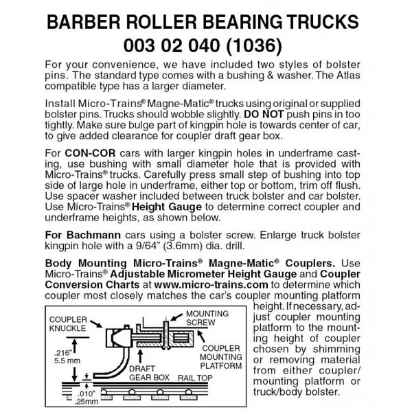 00302040 – Barber Roller Bearing Bogies – without Couplers – 1 pair (N Scale)