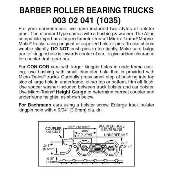 00302041 – Barber Roller Bearing Bogies with Short Extension Couplers – 1 pair (N Scale)