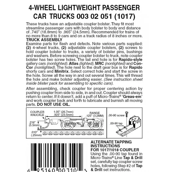 00302051 – Passenger Car Lightweight Bogies – 4 Wheel – 1 pair (N Scale)