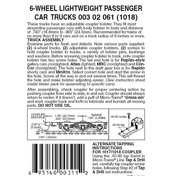 00302061 – Passenger Car Lightweight Bogies – 6 Wheel – 1 pair (N Scale)
