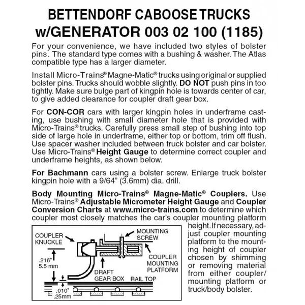 00302100 – Bettendorf Swing Motion Caboose Bogies with Generator – 1 pair (N Scale)