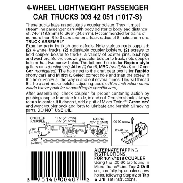 00342051 – Passenger Car Lightweight Bogies – 4 Wheel – Silver – 1 pair (N Scale)