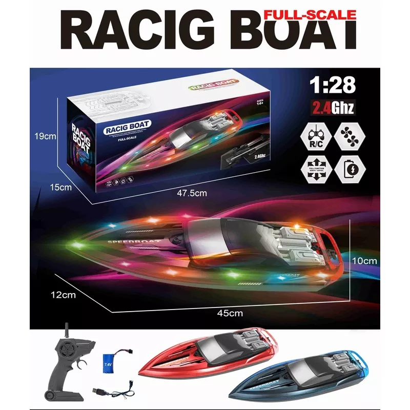 1:28 Scale 2.4G RC High-Speed Propeller Boat with Lights15 km/h, 1200mAh Battery, Long Range 100mSKU 1896940S