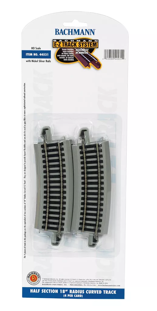 Bachmann 44531 HALF-SECTION 18″ RADIUS CURVED 4 PACK E-Z TRACK (NICKEL SILVER) HO SCALE NEW