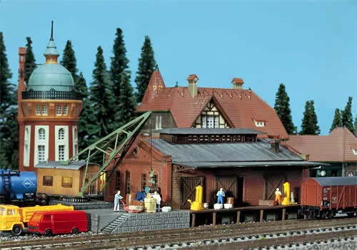 Faller 222180 N Scale Freight Depot w/Crane - Weathered Model