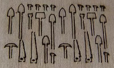 GCLaser 154 N Scale Miniature Tool Set (Laser-Cut Wood) — 10 Shovels, 4 Saws, 2 Picks, 14 Hammers