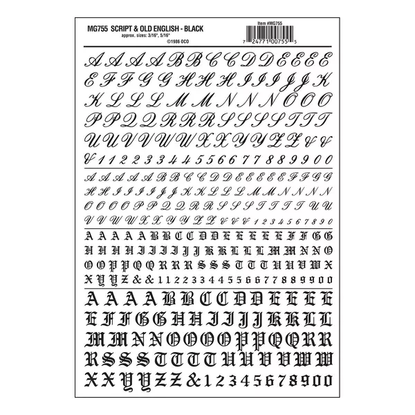 MG755 – Dry Transfer Lettering – Script & Old English Black (4.7mm & 7.9mm)
