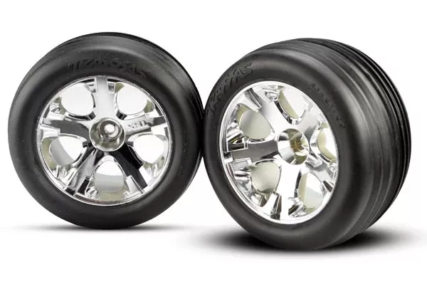 Traxxas 3771 Ribbed Tires on 2.8 Chrome Star Wheels for Front of Rustler