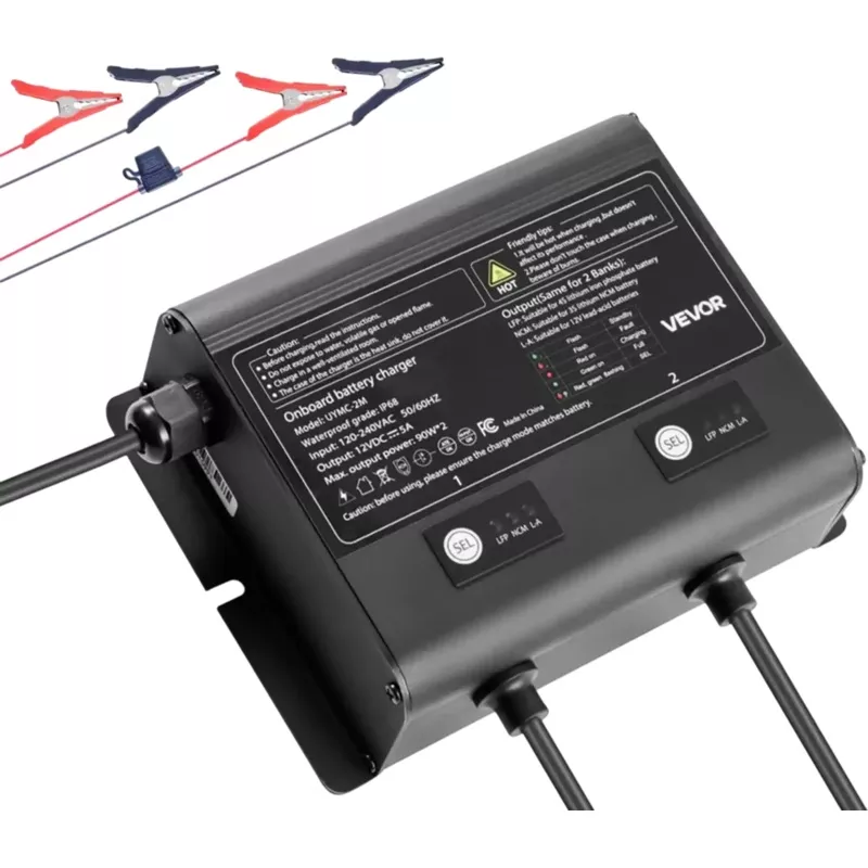 Vevor Marine Battery Charger 2-Bank 12V 5A Smart On-Board IP68 Waterproof for Boat RV Yacht Trailer New